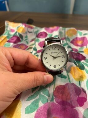 Geneva Silver Case Watch with White Dial and Black Strap